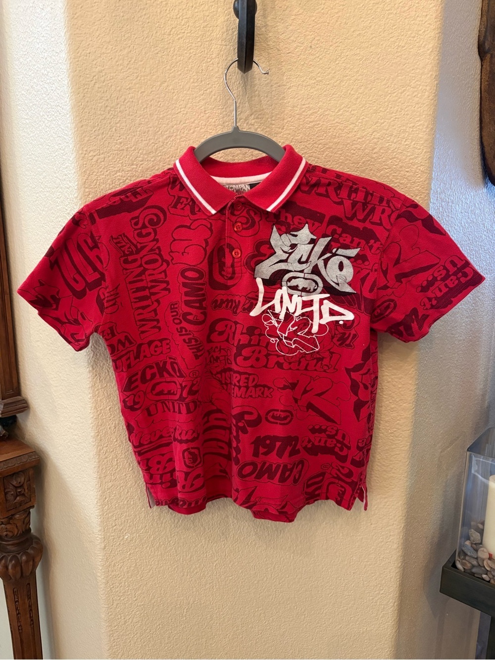Vintage ECKO Kids Red All Over Graphic Oversized Polo Y2K Shirt Size 7